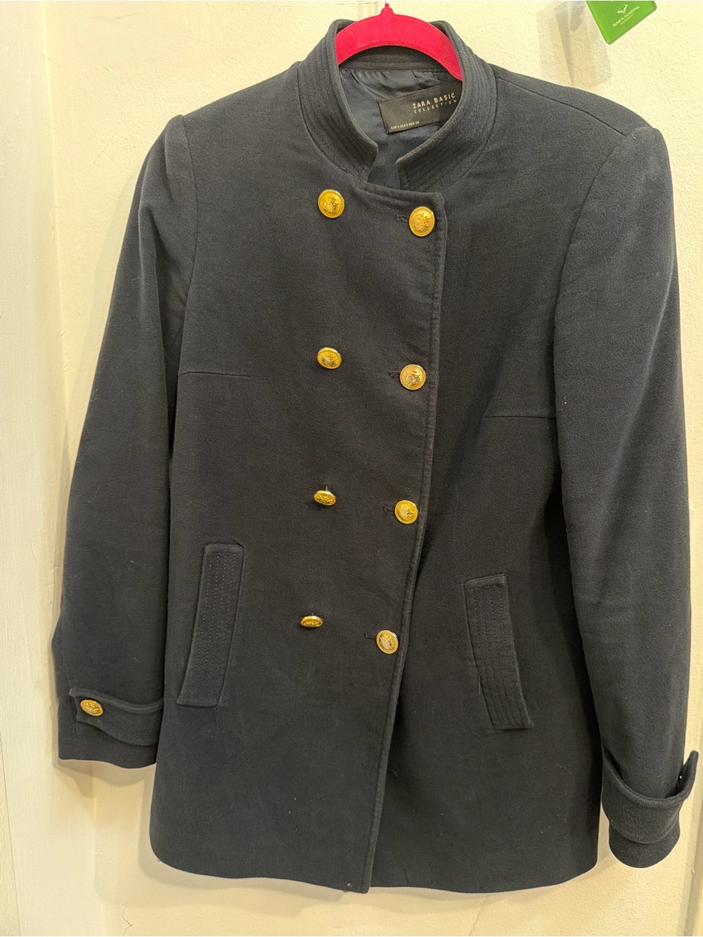 Zara Double-Breasted Navy Pea Coat with Gold Buttons